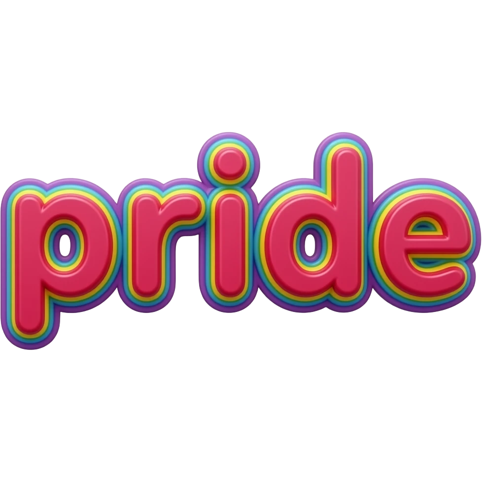 name "pride" in raspberry red 3D style typography lettering, each color of the rainbow as a border outlined around each letter, isolated, 3d rendering, no emoji icons no emoji faces and must have no human figures emoji