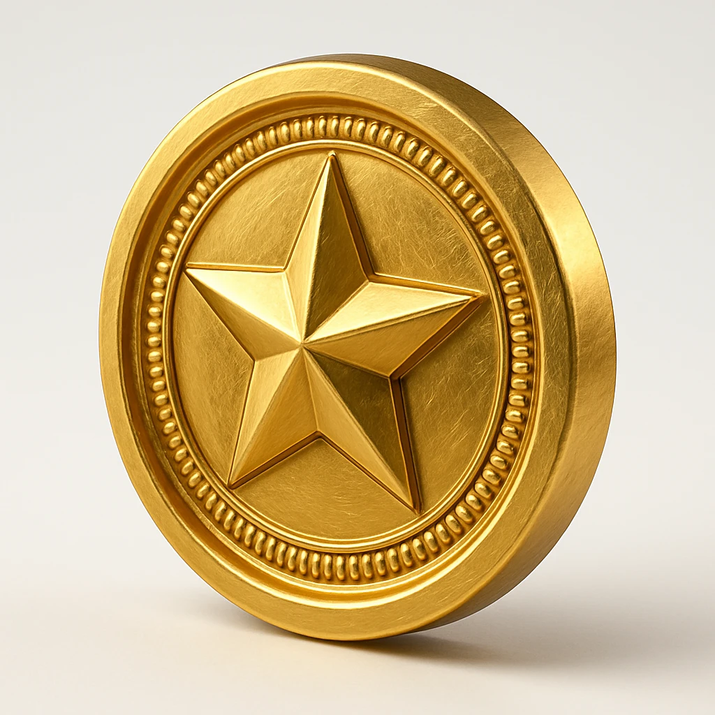 a gold coin with an embossed star, shiny and detailed, gold objects style emoji