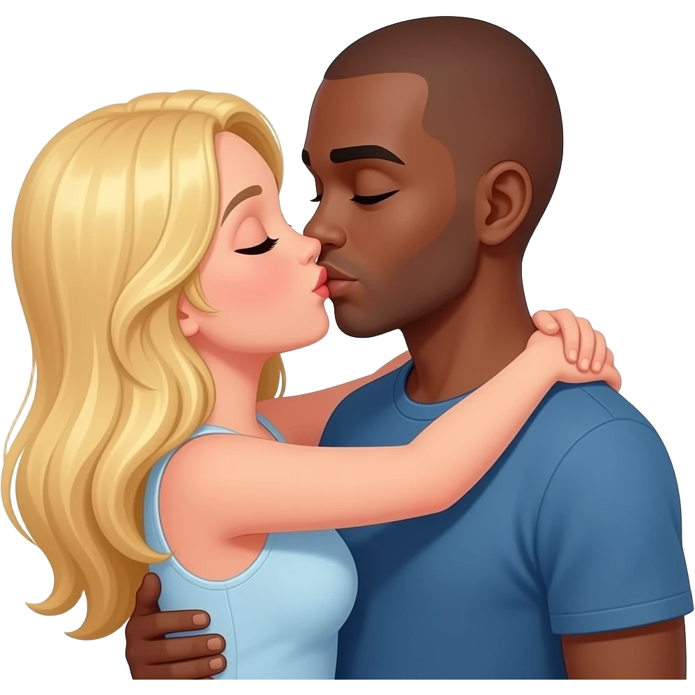 Blonde girlfriend hugging & kissing black boyfriend with bald head emoji