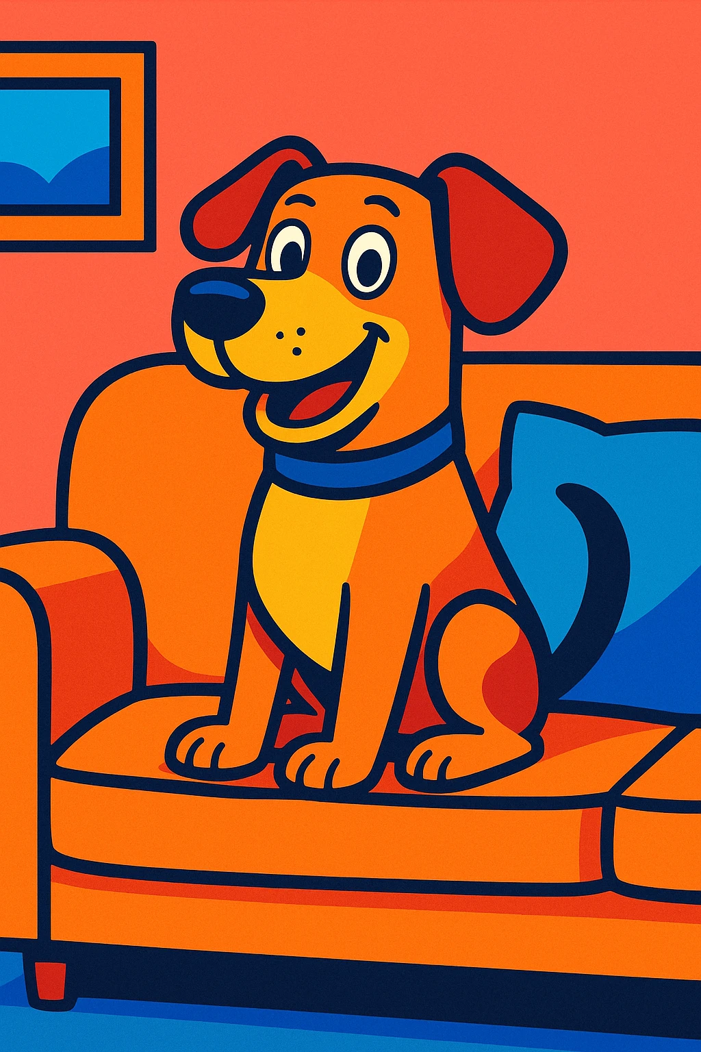a dog sitting on a couch, vibrant cartoon style emoji