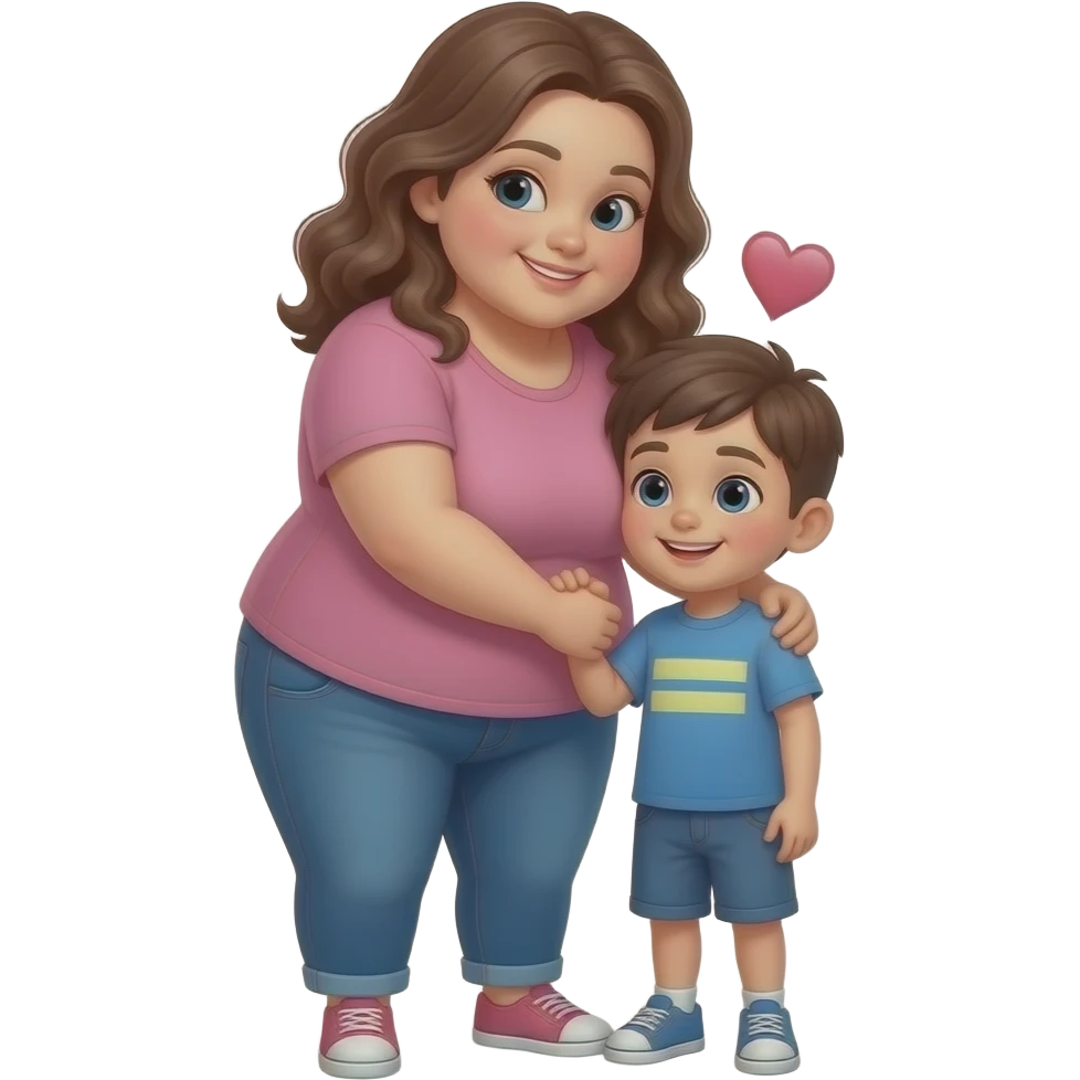 crea un emoji de una gorda no tan blanca cabello ondulado , abrazando a un niño blanquito y este corazón 💘 , a cuerpo completo los dos emoji