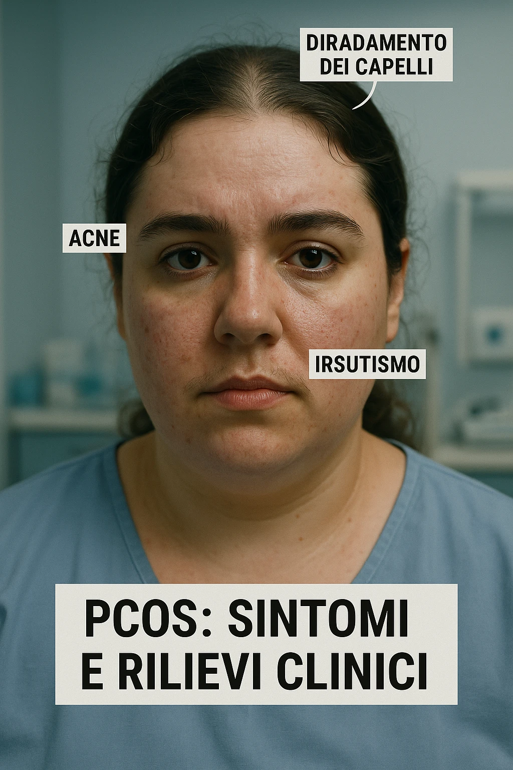 vertical realistic cinematic image: woman with evident PCOS symptoms, clinical atmosphere, realistic details, Italian captions, aspect ratio 2:3 emoji