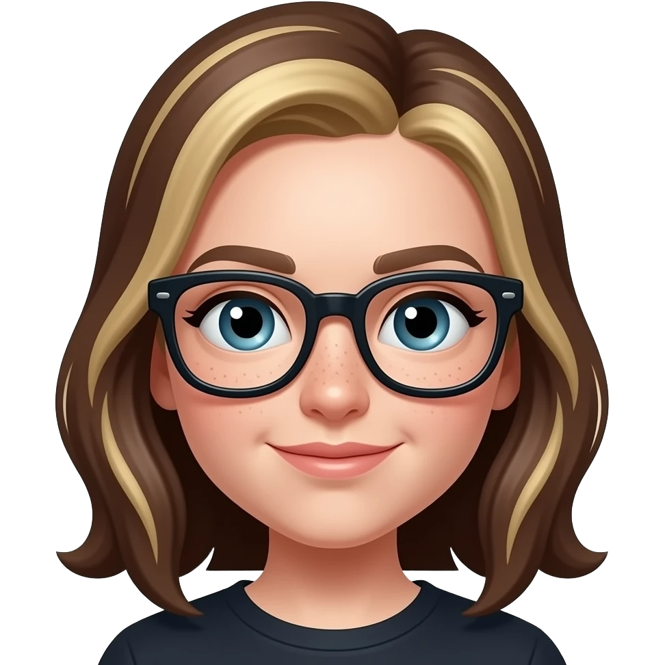 Girl Pointy button nose, aqautic almond eyes, freckled pale skin and dark brown roots with blonde highlights and thick black frame glasses emoji