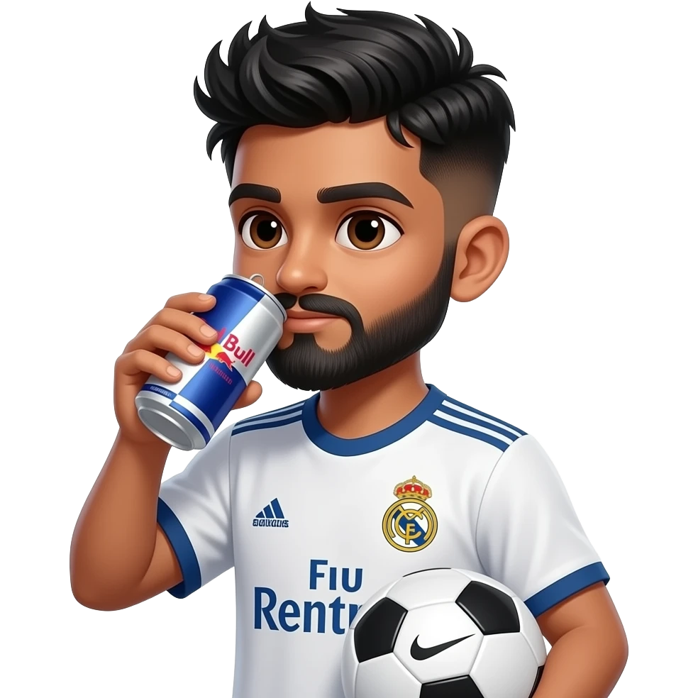 Boy with a European Nike soccer ball, in Real Madrid jersey Indian young boy with a lightly trimmed beard and side fade with messy spike hairstyle, drinking redbull watermelon flavor, hair and beard color is black emoji