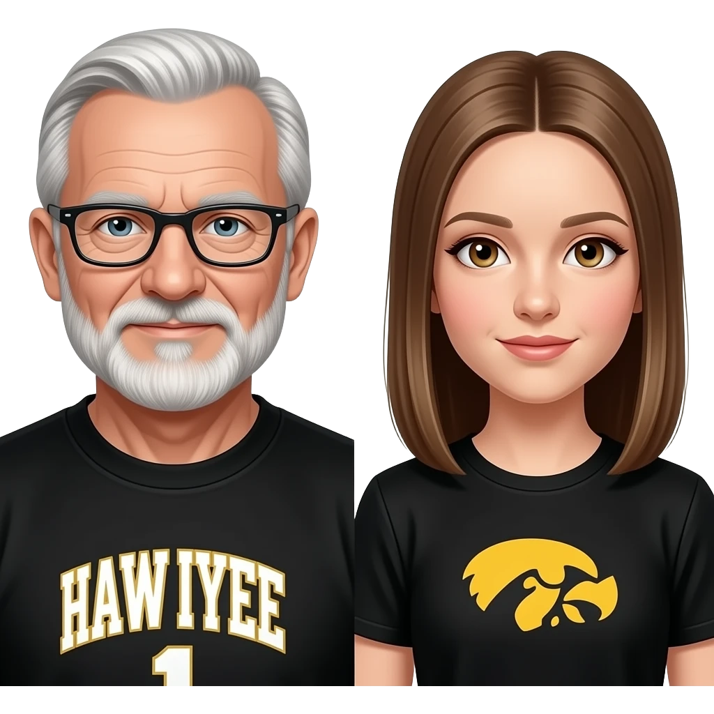 Can you make an bald old man with a Hawkeye shirt on and a girl with light straight brown hair with hazel eyes in a Iowa Hawkeyes shirt emoji