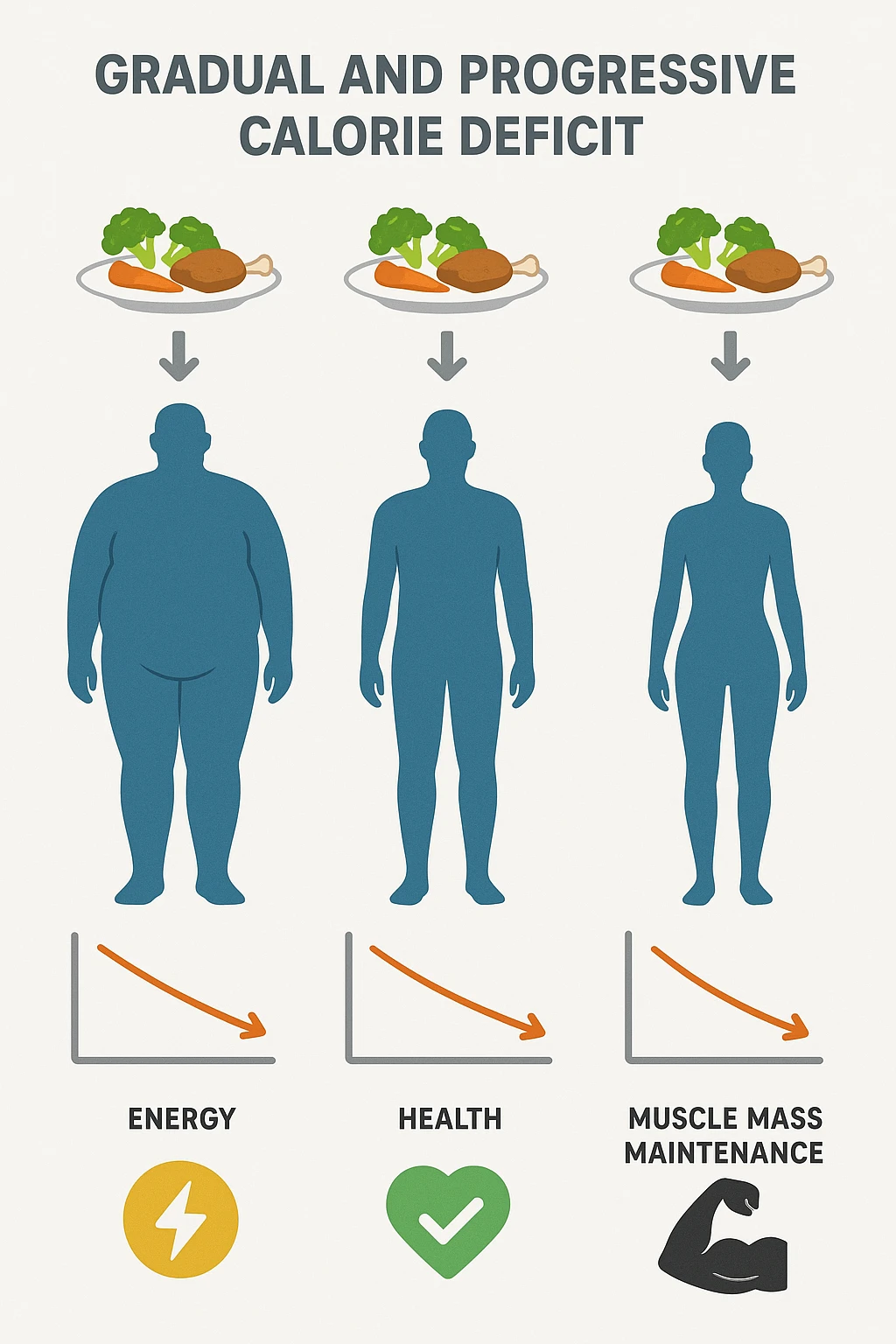 una sequenza di tre sagome umane affiancate, ognuna rappresenta una fase diversa di perdita di peso graduale. Sopra ogni figura, un piatto mostra porzioni di cibo bilanciate ma leggermente ridotte. Frecce e grafici illustrano una diminuzione lenta e costante dell’apporto calorico giornaliero, con icone che rappresentano energia, salute e mantenimento della massa muscolare. Sfondo pulito e moderno, con etichette chiare che spiegano “deficit calorico graduale e progressivo” emoji