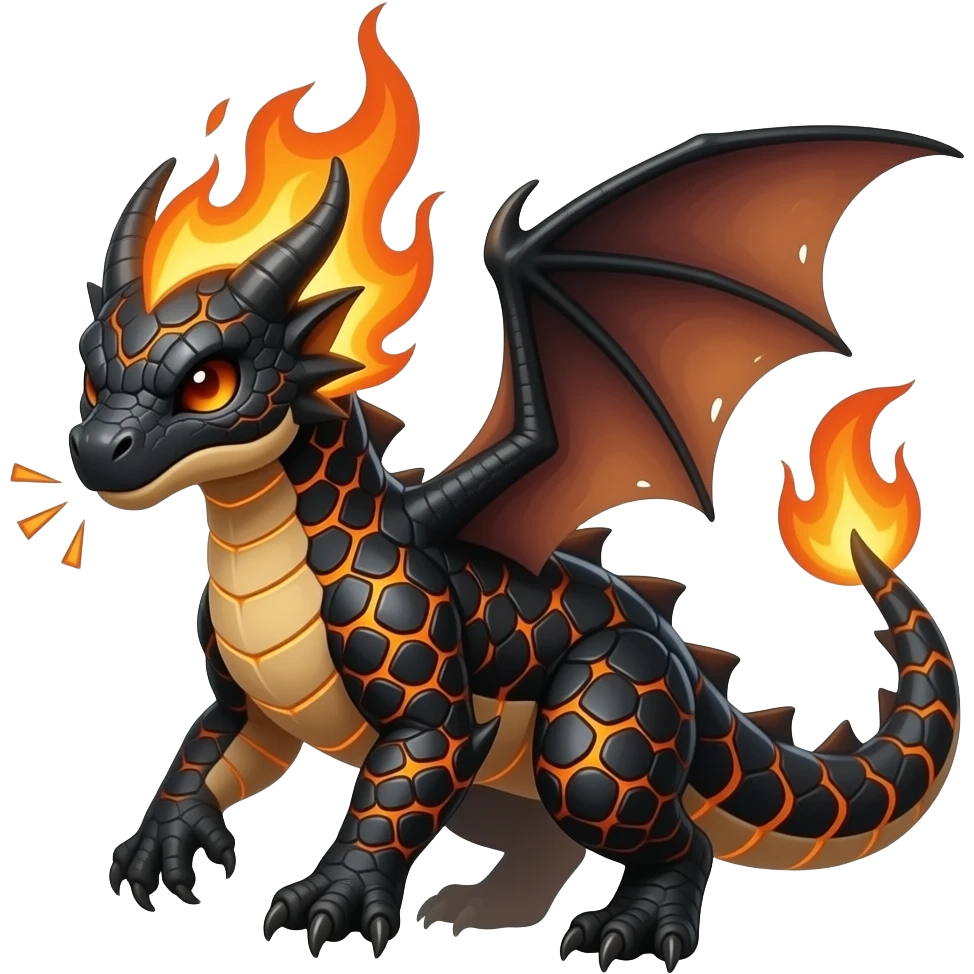 A small draconic creature covered in black scales with molten orange lines between them. It puffs sparks when annoyed and can flare into a blazing glide. emoji