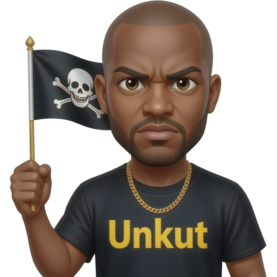 french rapper booba with bald head et angry eyebrows et unkut teeshirt holding the pirate flag emoji