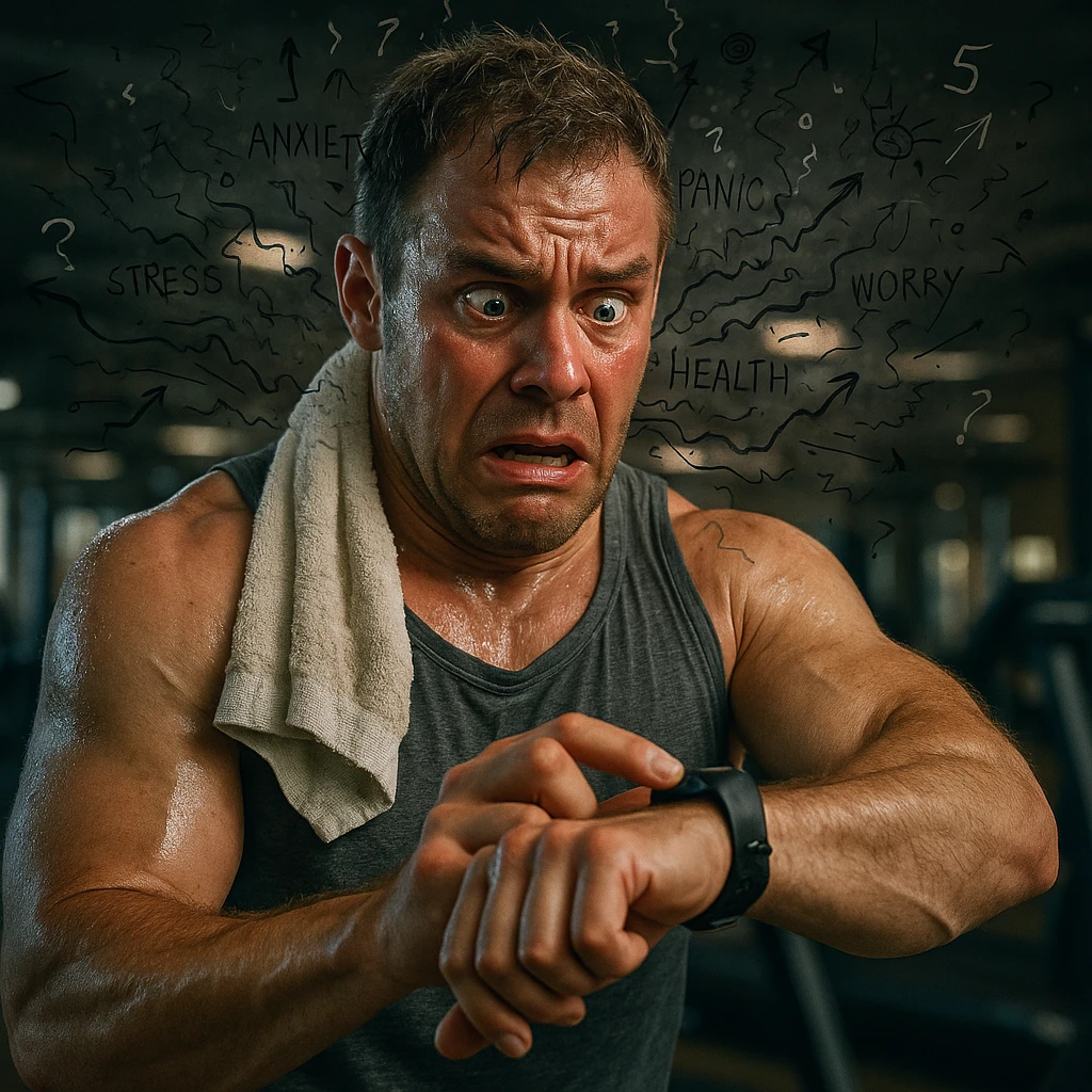 Create a hyperrealistic 4K style image of a muscular man in his 30s obsessively checking his heart rate monitor during cardio. His face is red with overexertion, and he has a gym towel soaked in sweat. Show panic in his eyes. Add visual elements around his head representing chaotic thoughts, anxiety, and mental pressure. The setting is a gym environment. Use a hyperrealistic style with intense detail and emotional expression. emoji