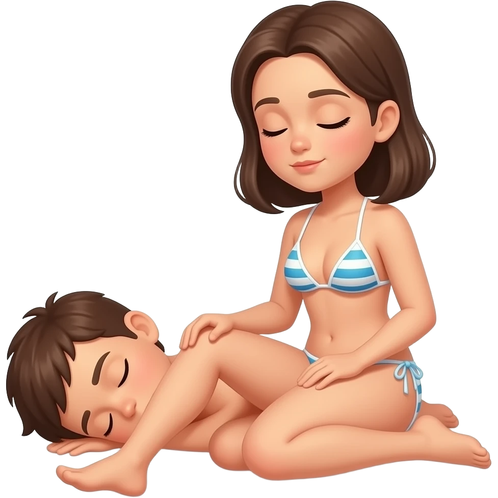 Male teenager sleeps on bikini woman thighs emoji