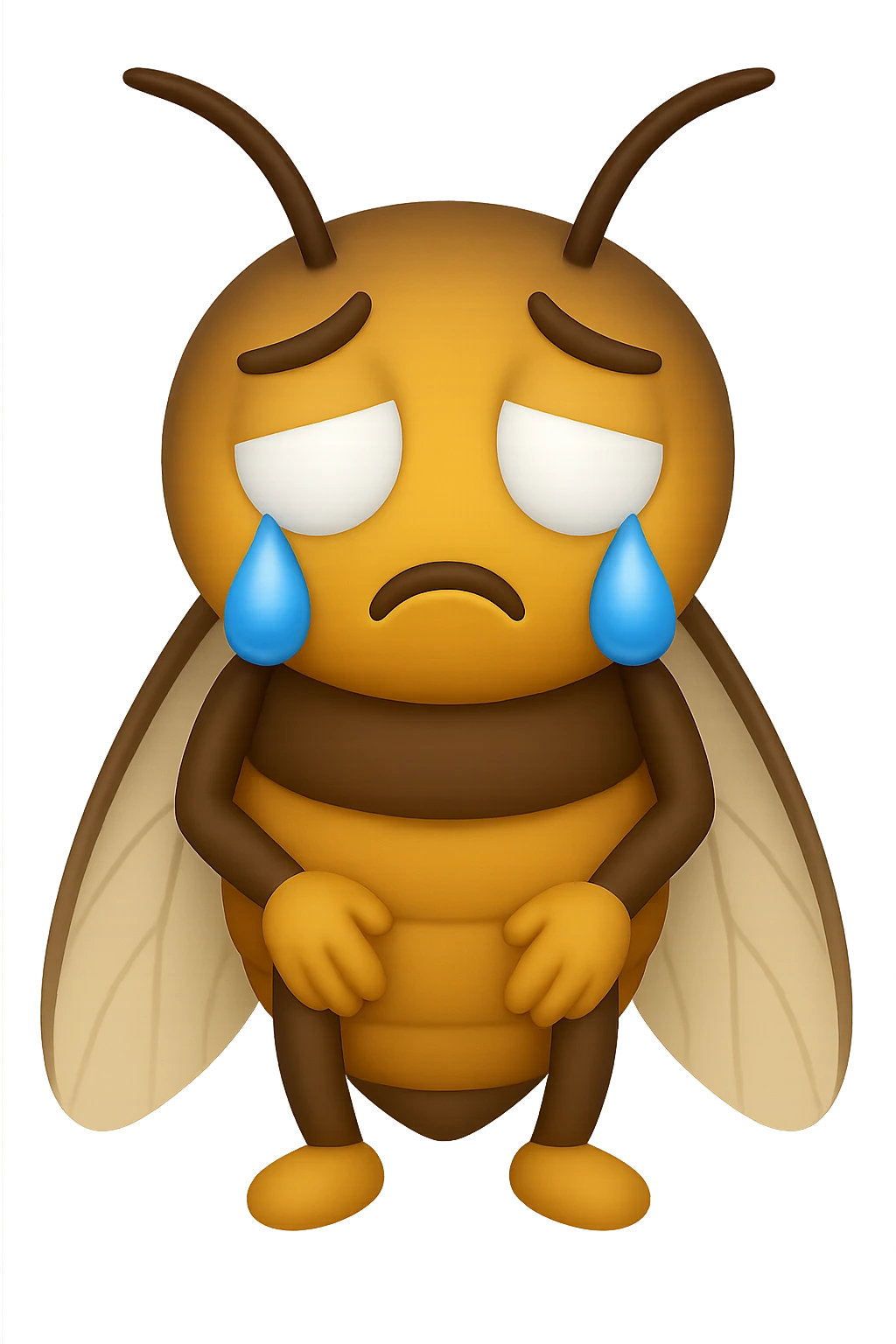 EMOJI STILE IPHONE 3D DI una cicala triste che si tocca le cosce e piange perché non le piace il suo fisico, posa frontale, fagli gli occhi bianchi , non solo la pupilla emoji