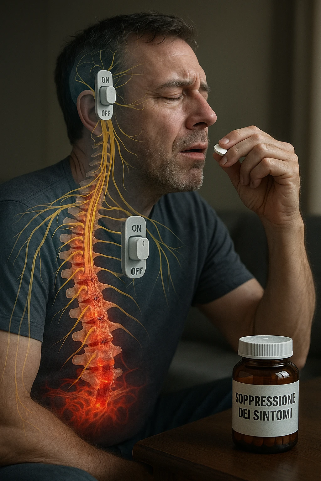 Realistica cinematic Man taking pain medication for chronic back pain, pills shown as dimmer switches turning down pain signals in transparent nervous system overlay, underlying spinal damage remaining completely untreated and worsening, expression of temporary relief masking progressive deterioration, medication bottle labeled 'symptom suppression' not 'cure', root cause inflammation continuing to spread in italiano emoji