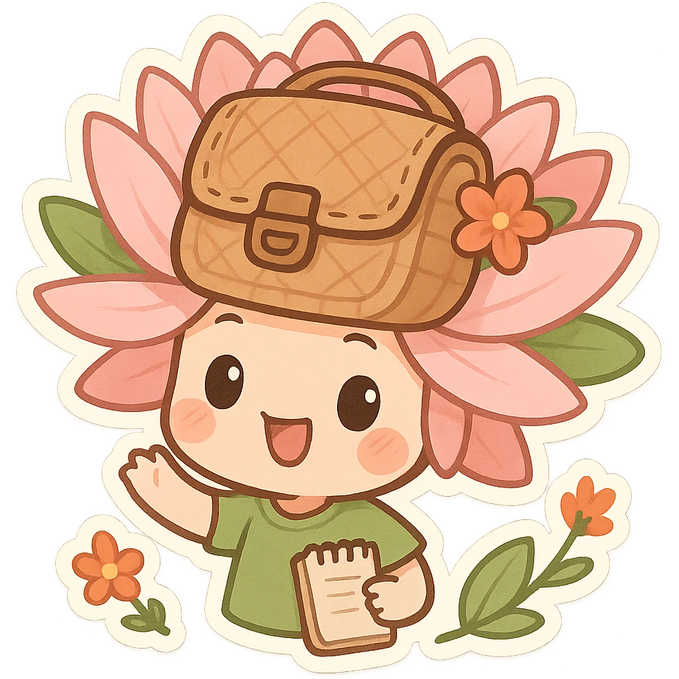 mascota para proyecto productivo, lirio de agua usando un bolso artesanal como sombrero, expresión juguetona, colores suaves y detalles florales emoji