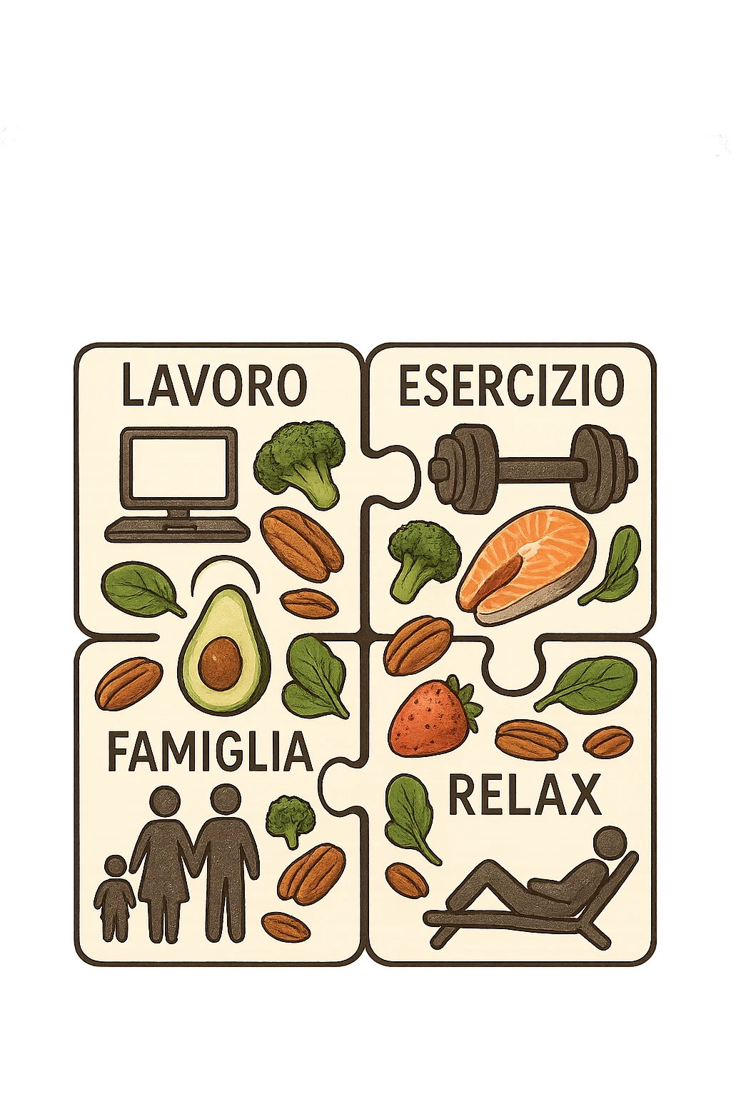 Puzzle (Lavoro, Esercizio, Famiglia, Relax), in lavoro metti icona di un PC, in Esercizio un Manubrio, in Famiglia una famiglia, in Relax qualcuno che riposa and healthy foods are integrated into each piece. in italiano emoji