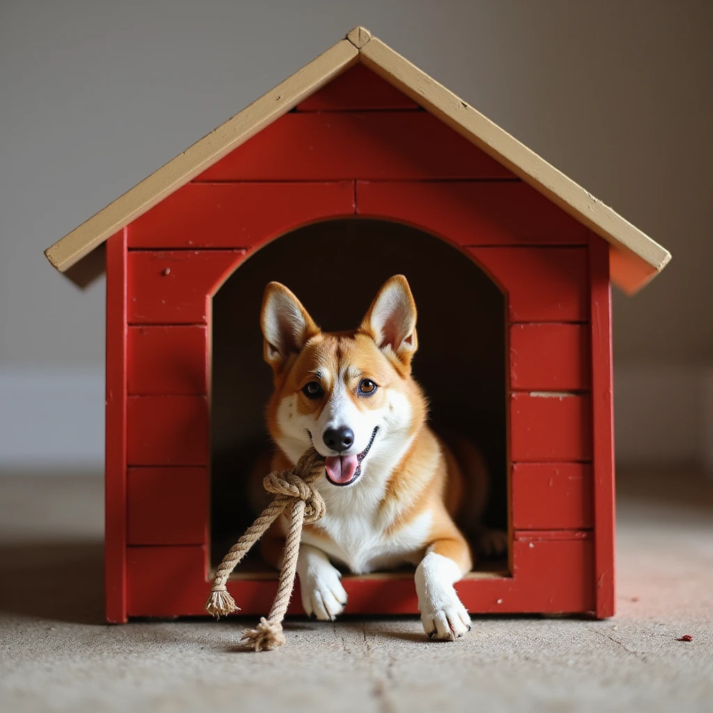 realistic red dog house with a Corgi dog inside, Corgi with a rope toy, photorealistic style emoji