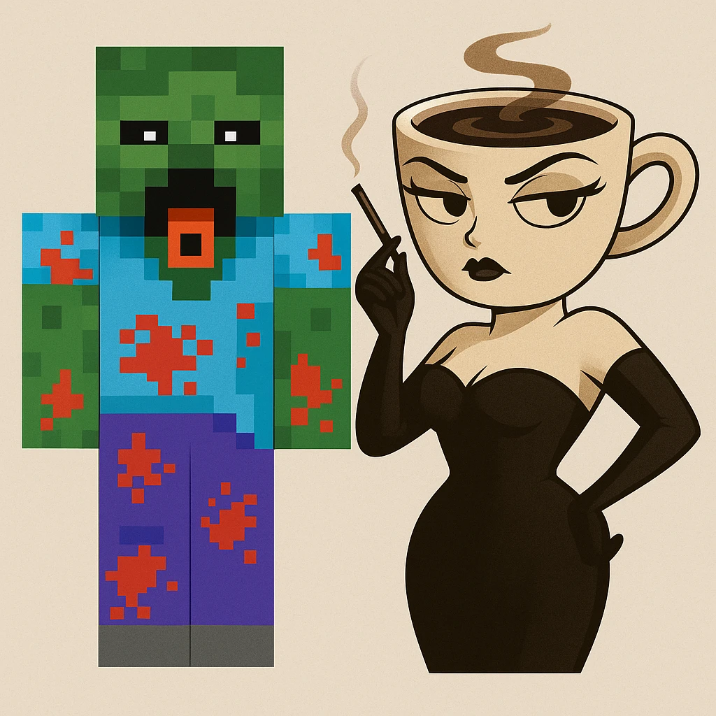 Combine both characters from the reference images into a single scene, keeping their original styles, outfits, and colors. Place them side by side, each with a neutral expression. emoji