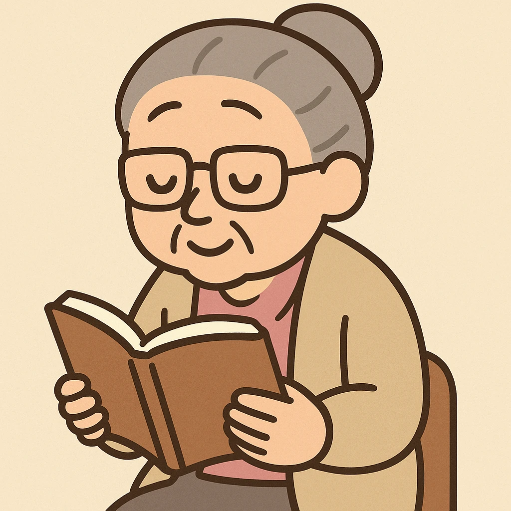 elder woman with glasses, irasutoya style, flat toon, reading a book, gentle look emoji