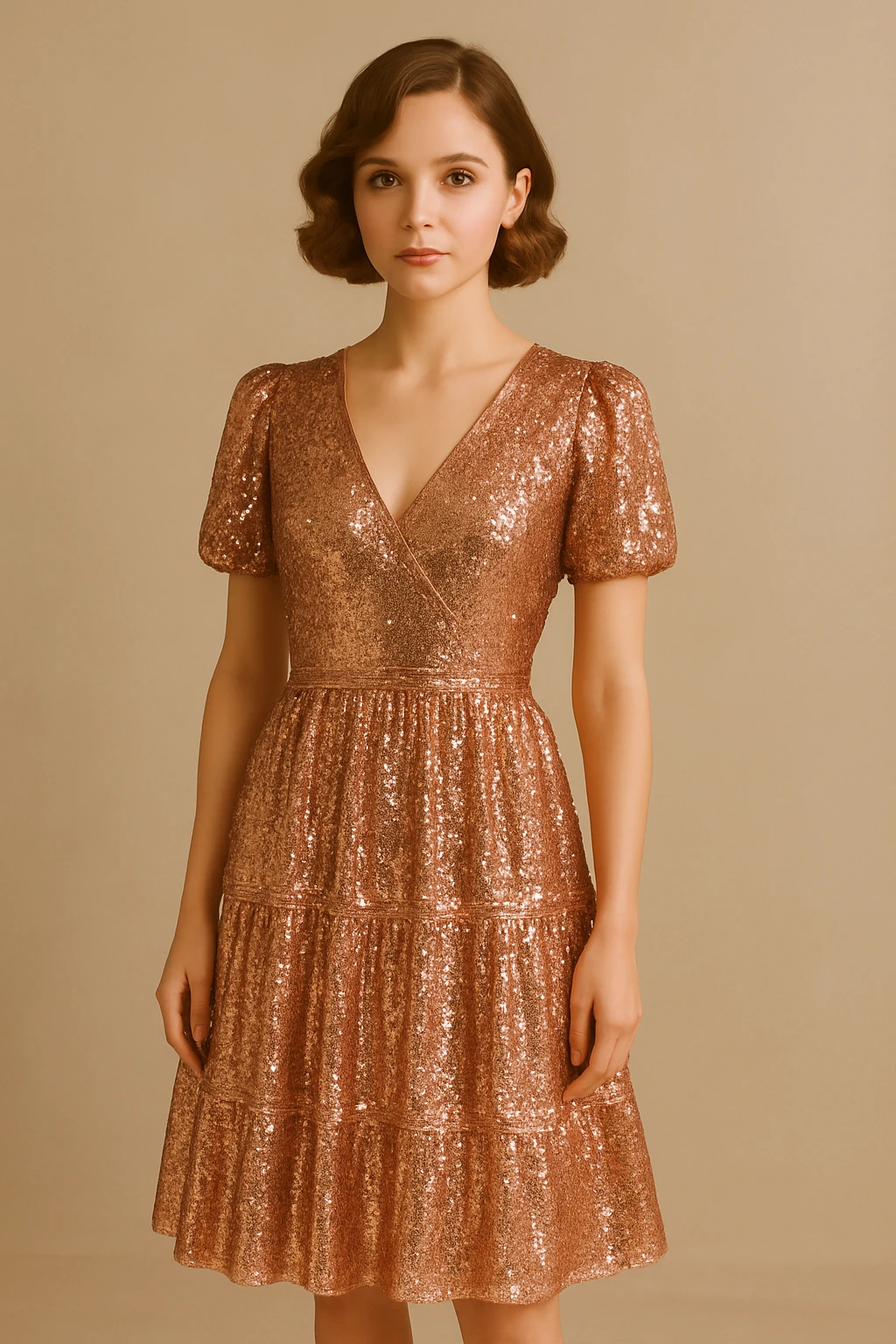 Change the pink dress to a shimmering rose gold with sequin details, keep the rest of the look the same, glamorous and eye-catching style. emoji