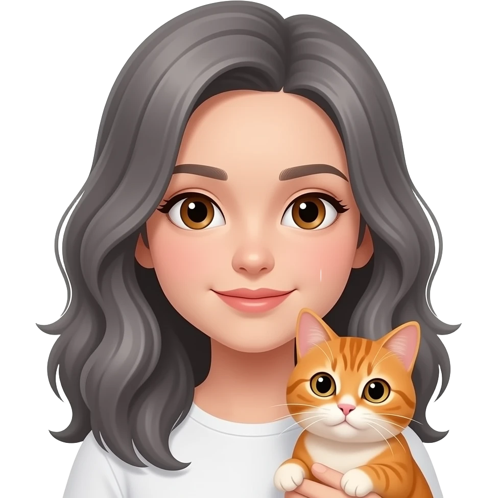 Gray medium length wavy hair, no bangs in front,  parted on side with brown eyes girl holding orange cat emoji
