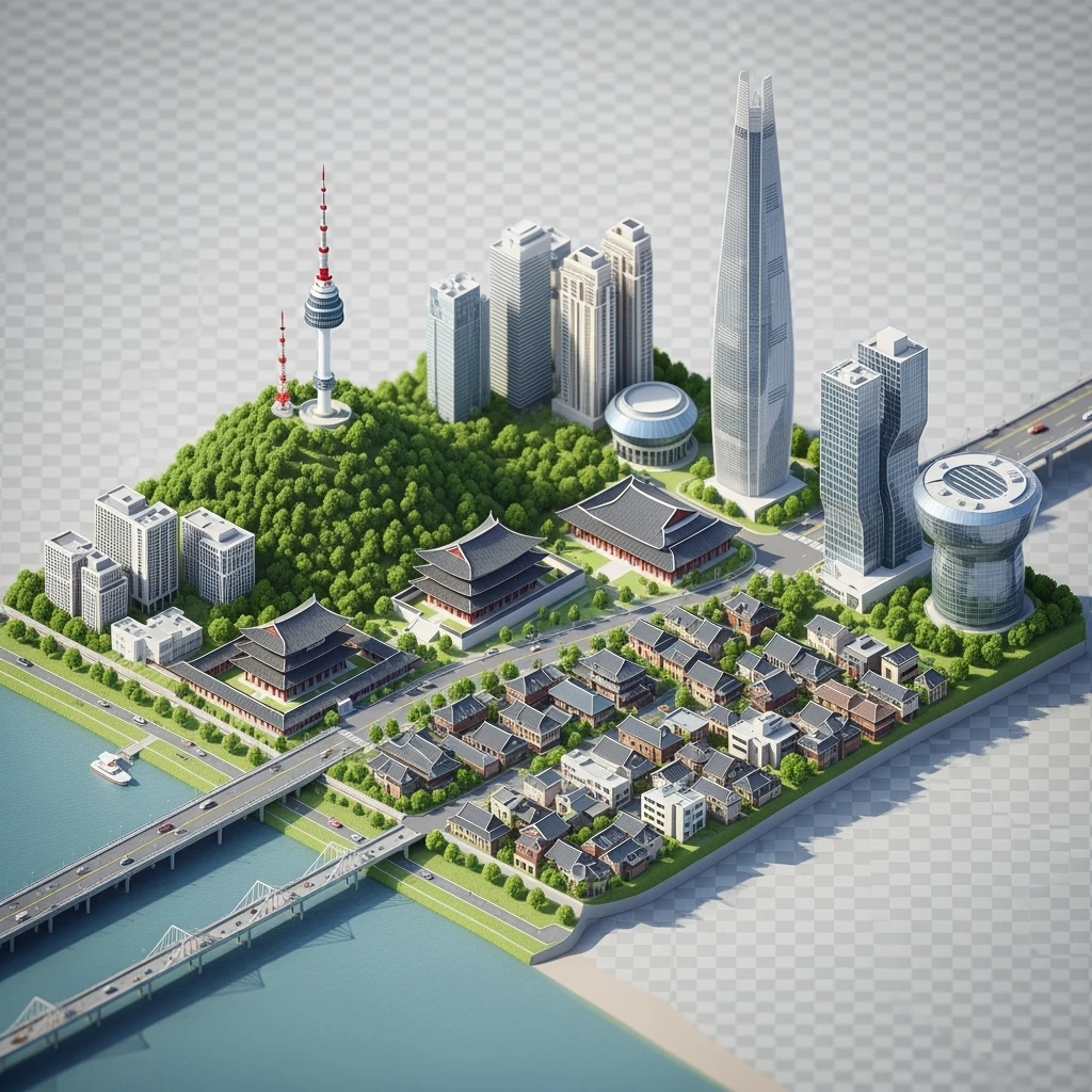 Isometric diorama of Seoul typical houses, Namsan Seoul Tower, Gyeongbokgung Palace, Lotte World Tower, Dongdaemun Design Plaza, and Han River bridges, 3D miniature effect and Tilt Shift effect, no cartoonish look, transparent background. emoji