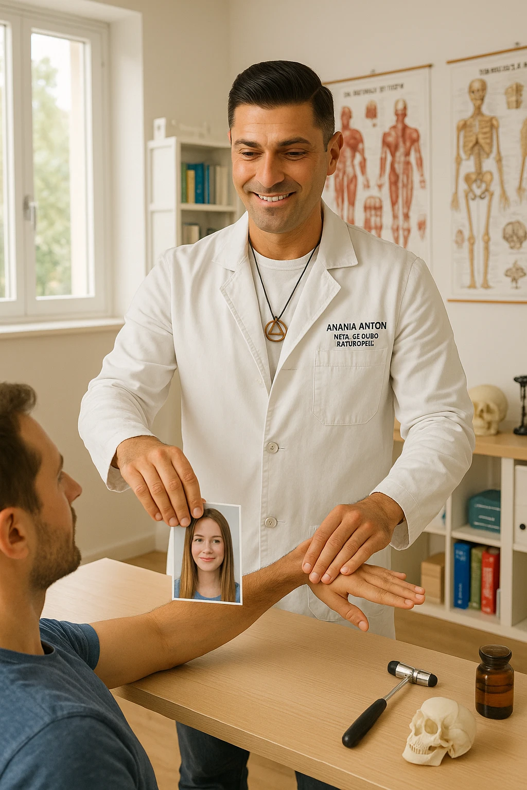 a middle-aged man, dressed in casual professional attire, is in a bright, organized therapy studio. Durante una visita di kinesiologia, il praticante tiene con una mano la foto di una persona lontana (il “testimone”) appoggiata su un tavolo, mentre con l’altra mano esegue un test muscolare su un cliente presente. Sullo sfondo si vedono libri di kinesiologia, poster anatomici e strumenti tipici della disciplina. L’atmosfera è concentrata e serena, con luce naturale che entra dalla finestra, sottolineando l’aspetto alternativo e umano della pratica. emoji