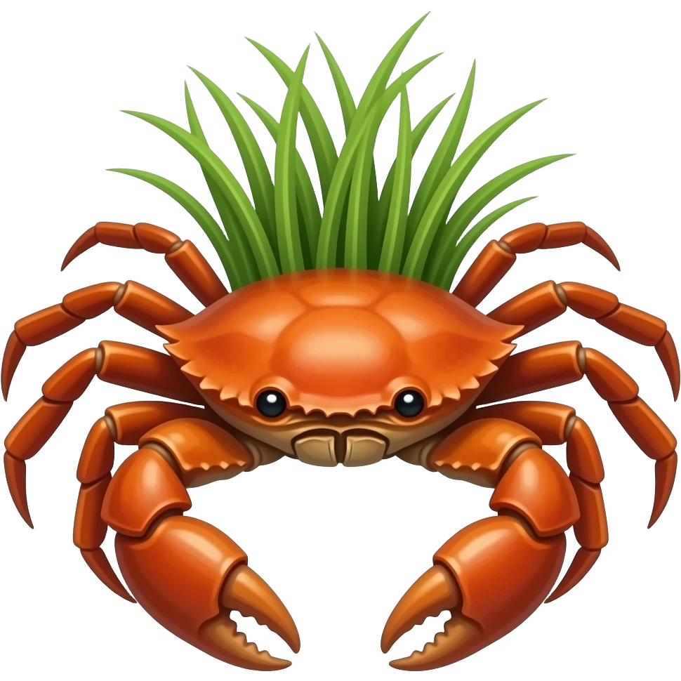 A Brown crab with a  grass on its back facing forward emoji