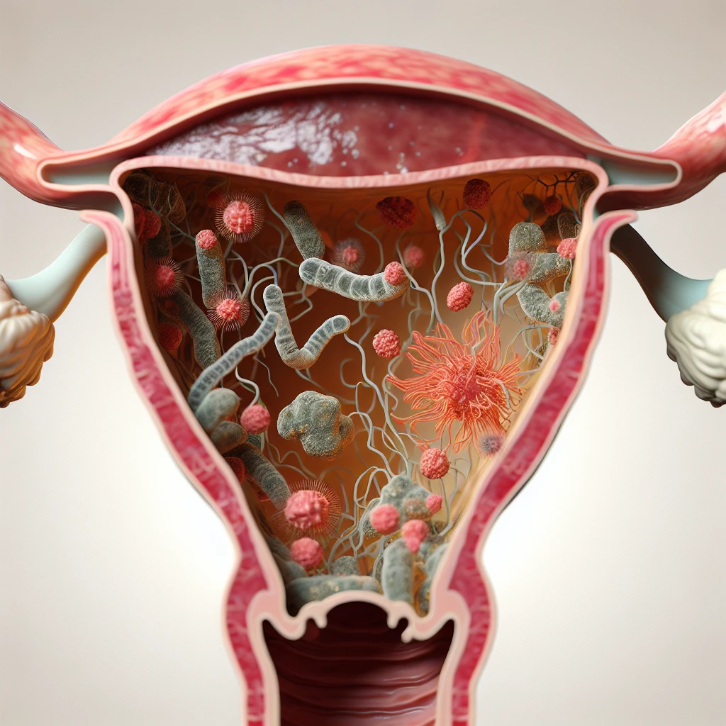 corpo umano anatomico con batteri come la candida nell'utero, sfondo neutro chiaro, iperrealistico 4k emoji