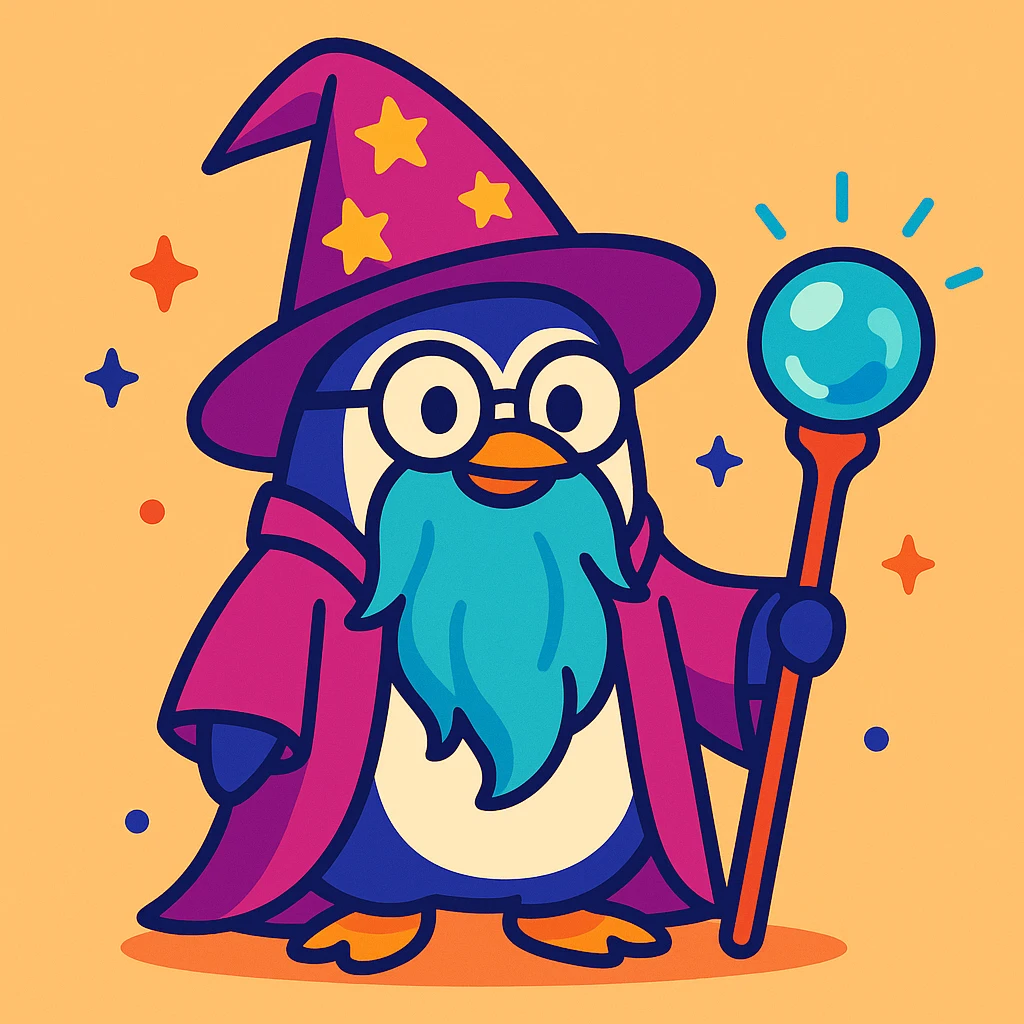 whimsical style wise penguin wizard with glasses, a long beard, and a magical orb emoji