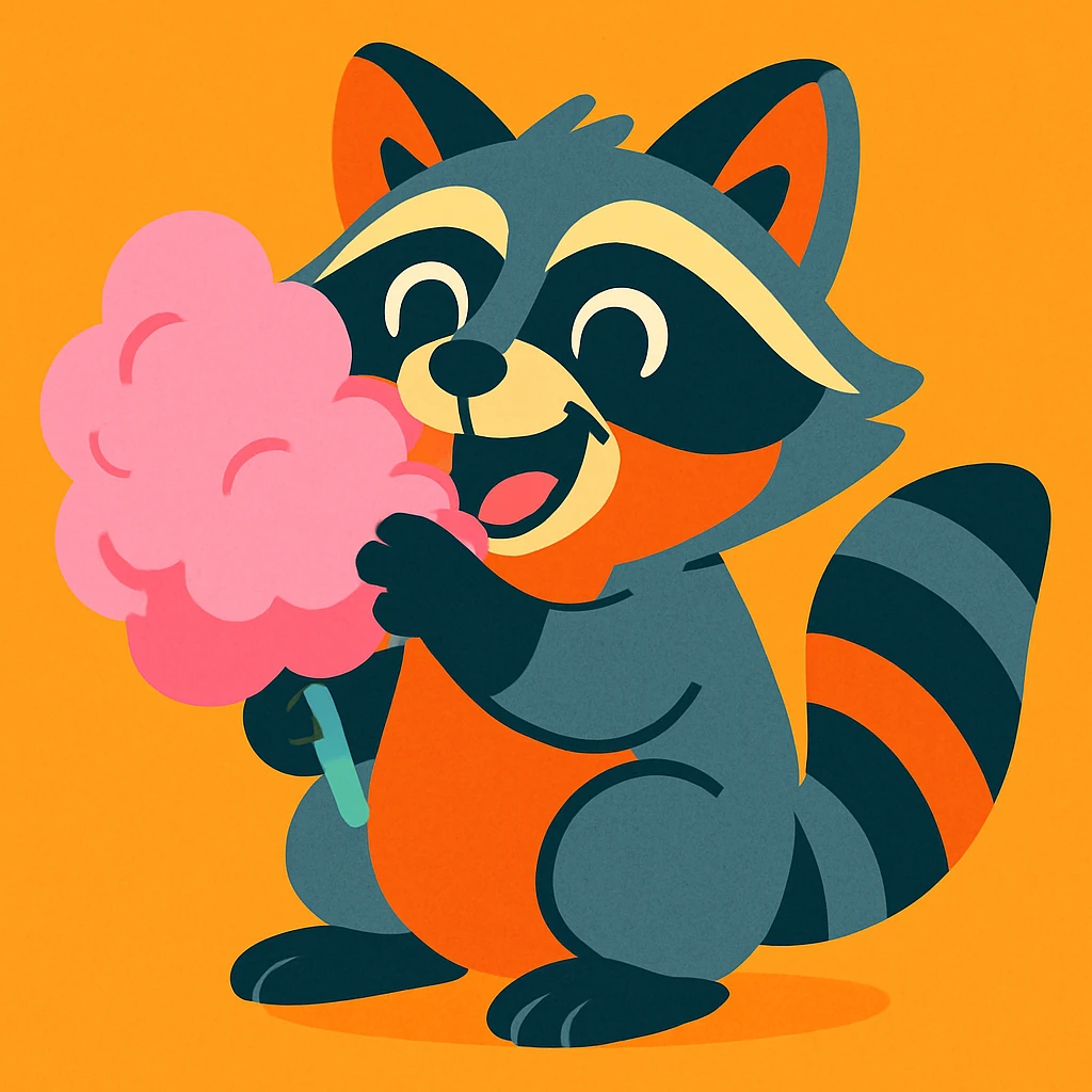 a raccoon eating cotton candy, fun and expressive style, vibrant colors, cartoonish, playful emoji