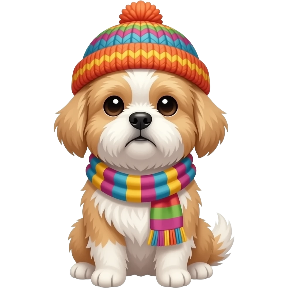 hippy shitzu with loose colourful hippy costume, scarf, beanie, front facing emoji