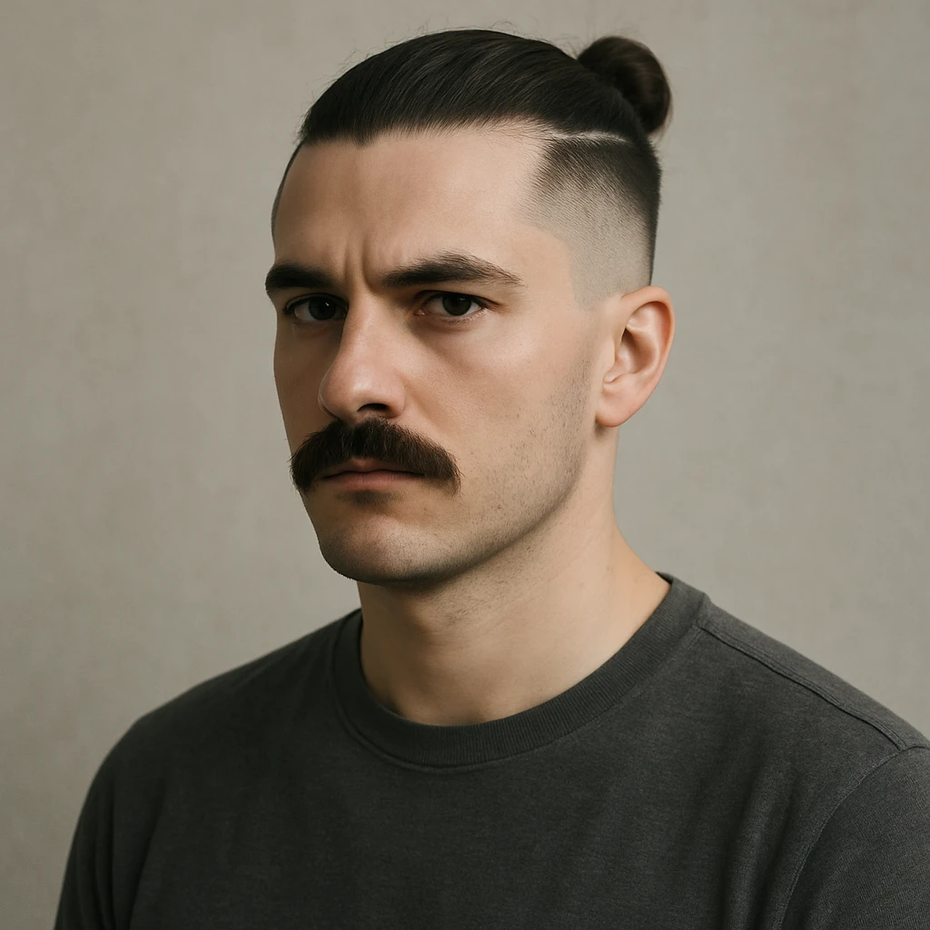 guy with a moustache and a man bun, low taper fade haircut, looking serious, neutral background emoji