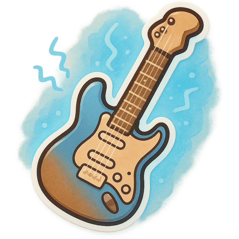 electric guitar with blue aura, strings vibrating, chibi sticker style emoji