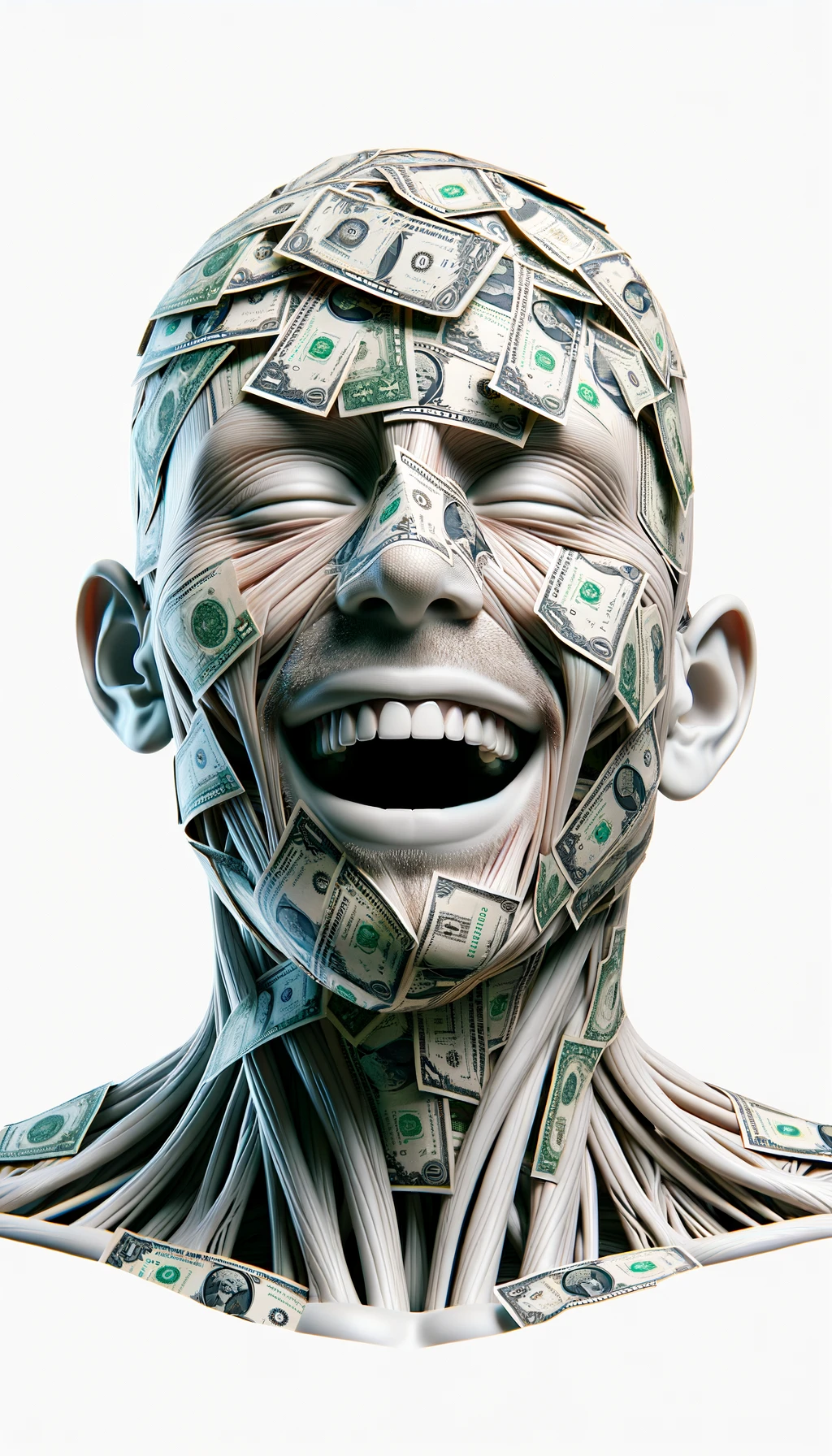 corpo umano anatomico sereno e felice con una montagna di banconote davanti al viso, espressione stupita, iperrealistica 4k, isolato su sfondo bianco emoji