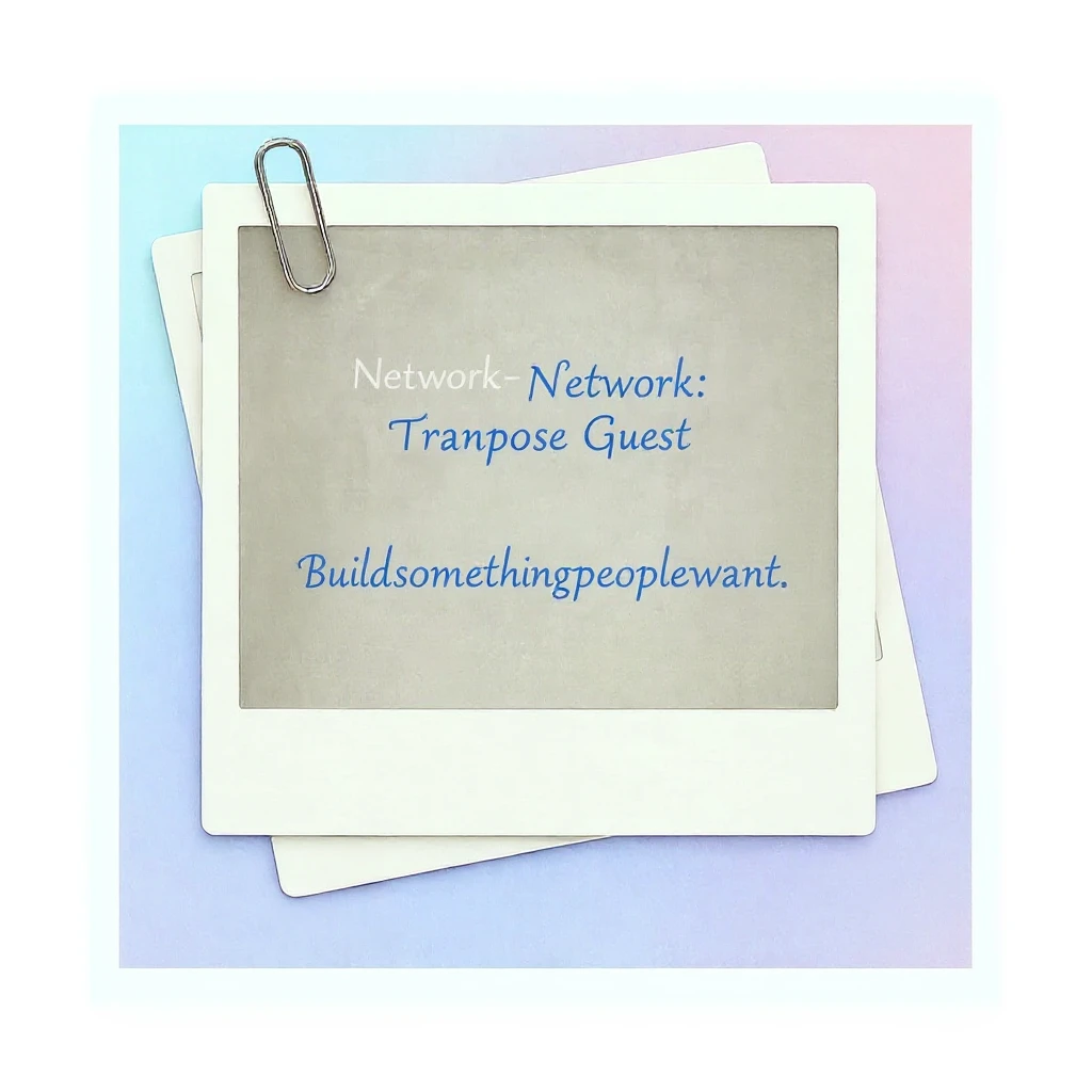 Change the text inside the polaroid frame to be in a cursive font using only blue ink. The text should read: Network: Transpose Guest Password: Buildsomethingpeoplewant. Keep the background and frame unchanged, and do not add any images or decorations. emoji