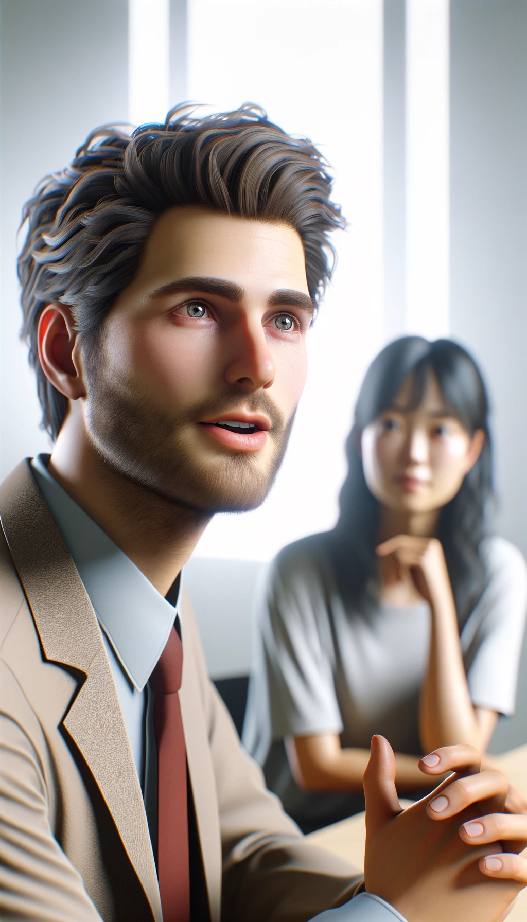 una persona parla e un altra persona di spalle lo ascolta, immagine iperrealistica 4k, sfondo chiaro emoji