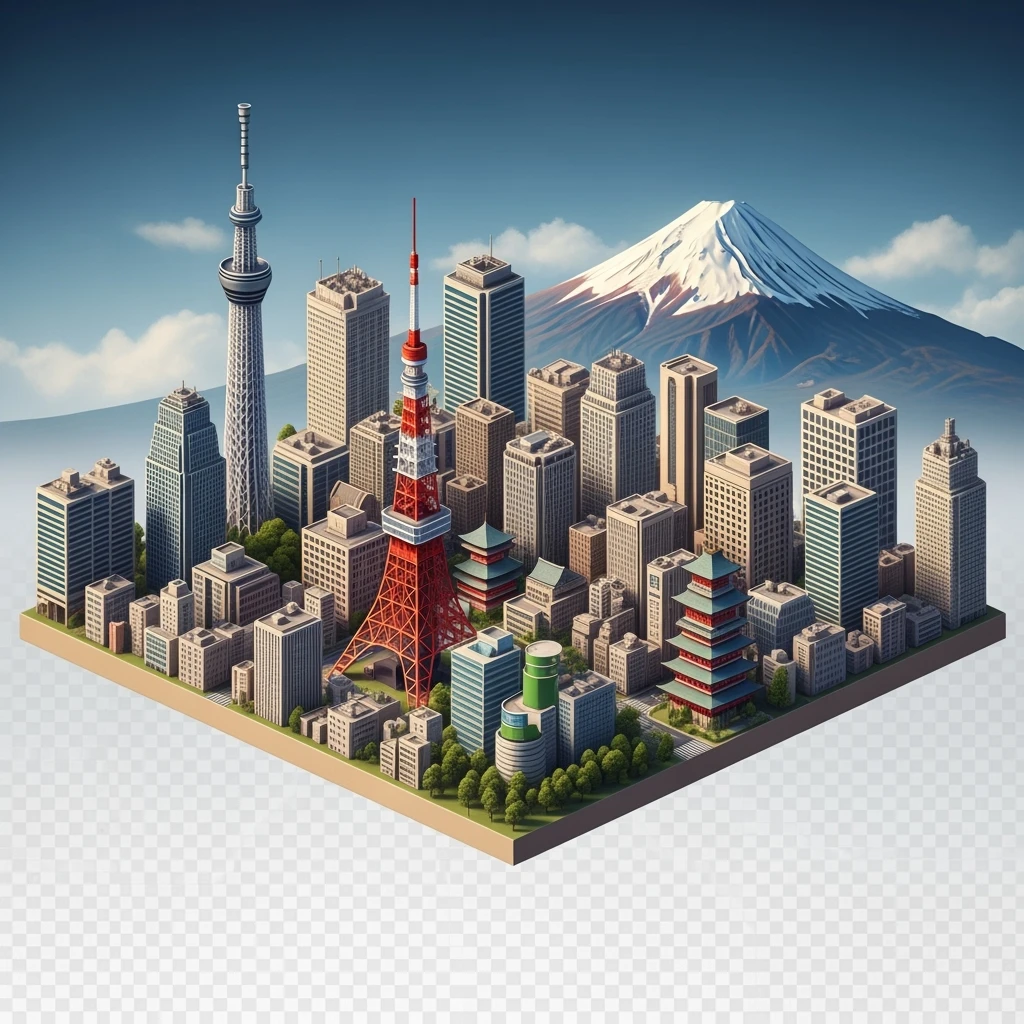 Isometric illustration of Tokyo, with photorealistic detailed miniature cityscape included Tokyo Tower, Skytree, Shibuya Crossing, Mount Fuji in background, balanced colors, subtle 3D miniature effect, no cartoonish look, transparent background. emoji