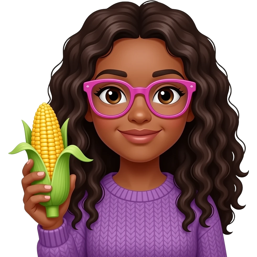A black light skinned woman with long curly hair and pink glasses, wearing a purple sweater and holding an ear of corn emoji