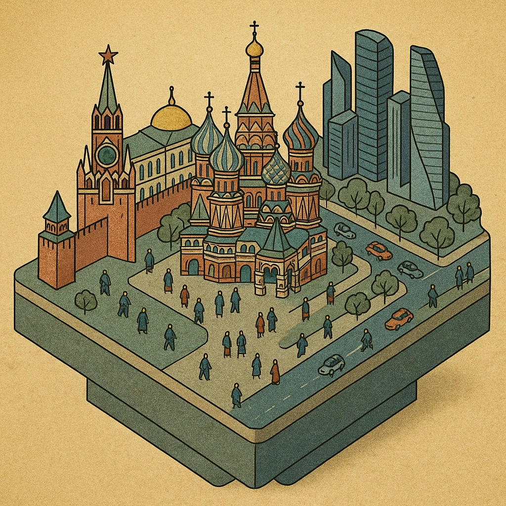 Изометричная миниатюрная 3D модель Москвы на подставке - фотореалистичный Кремль, собор Василия Блаженного, Башни Москва-Сити, аккуратная детализация, люди и автотранспорт, яркие цвета, мультяшный реализм, компактная композиция,  вид сверху в изометрии emoji