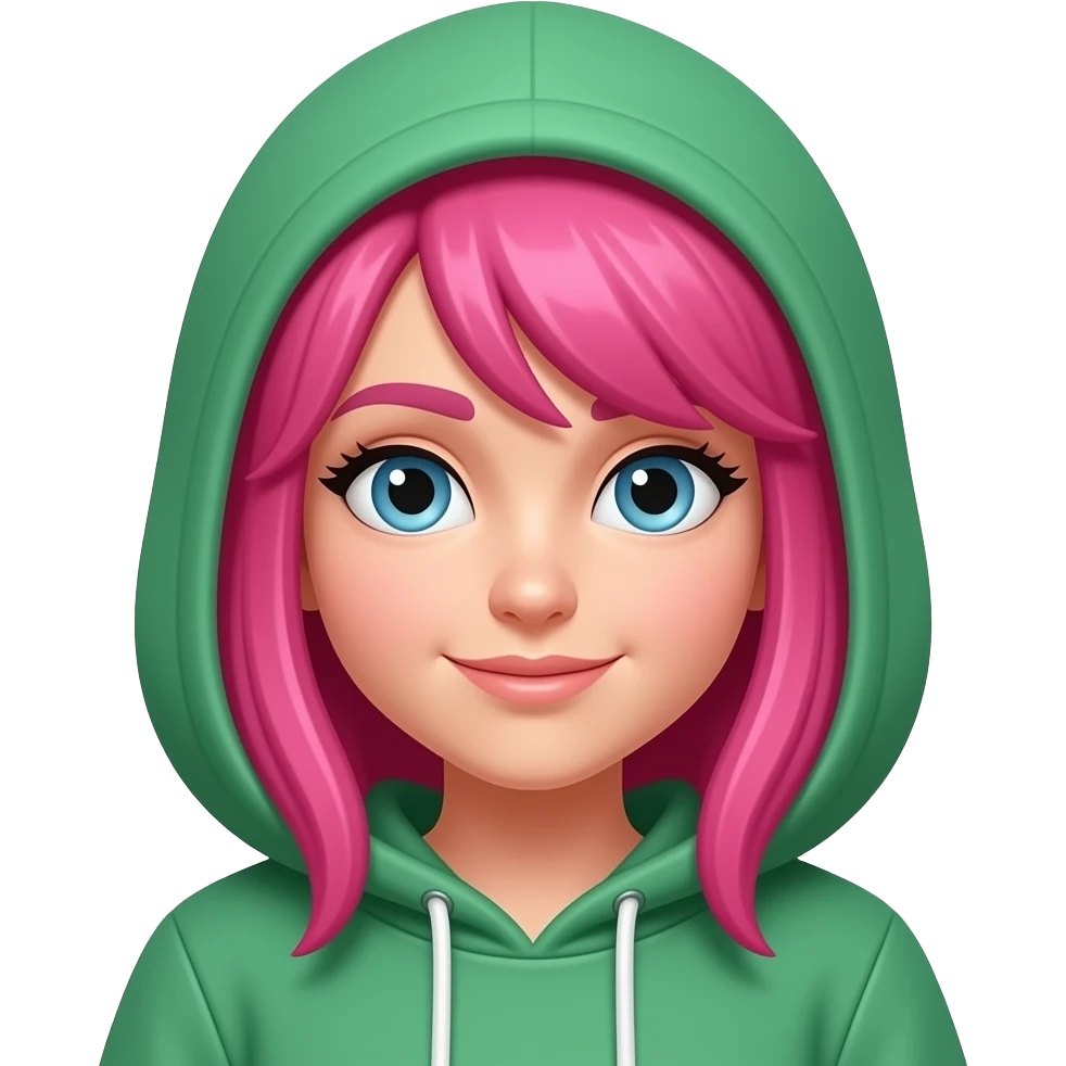 girl with pink hairs wear a green color hoodie on head emoji