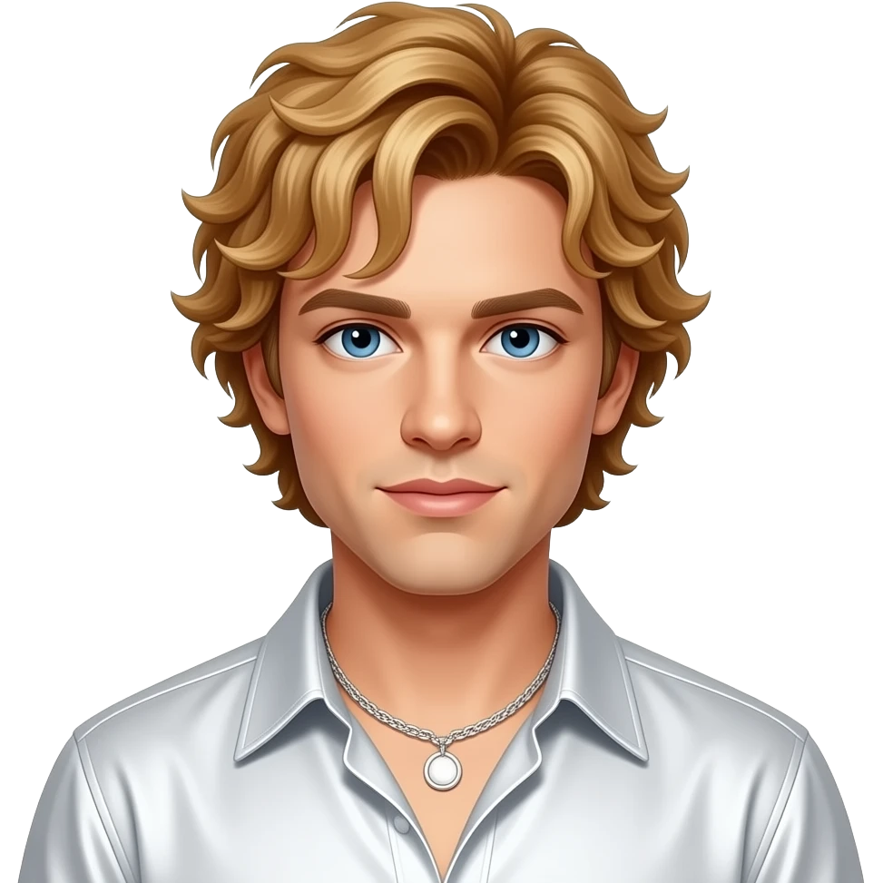 Brian Littrell from Backstreet Boys with blue eyes, reddish blonde 90s short curtain hair with wavy bang, white metallic shirt, white necklace emoji