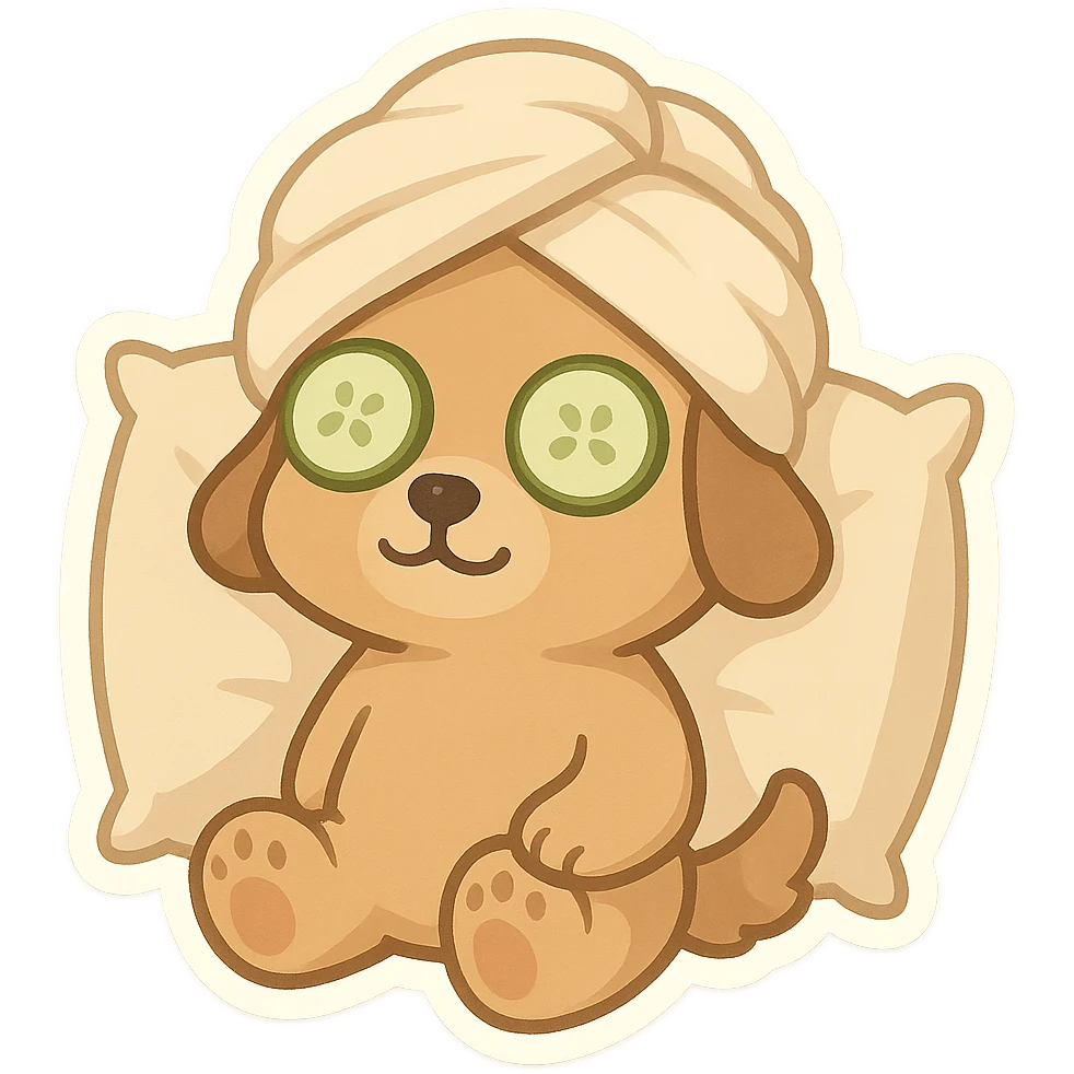 Relaxed dog with cucumber slices on eyes, towel wrapped on head and pillow emoji