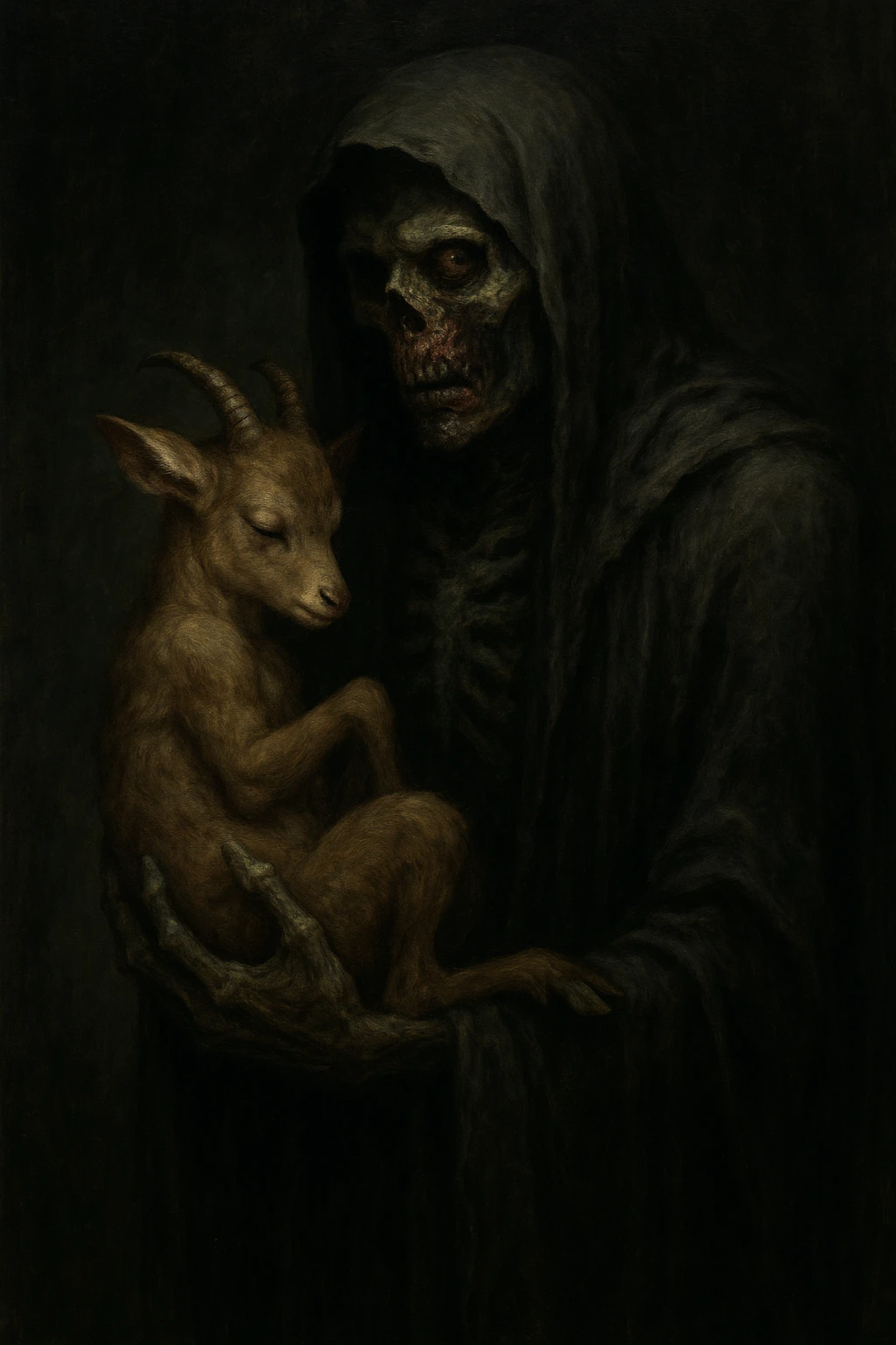 The grim reaper holding a faun in his left hand, his face is dark, half skeleton and half zombie, dramatic and eerie style. emoji