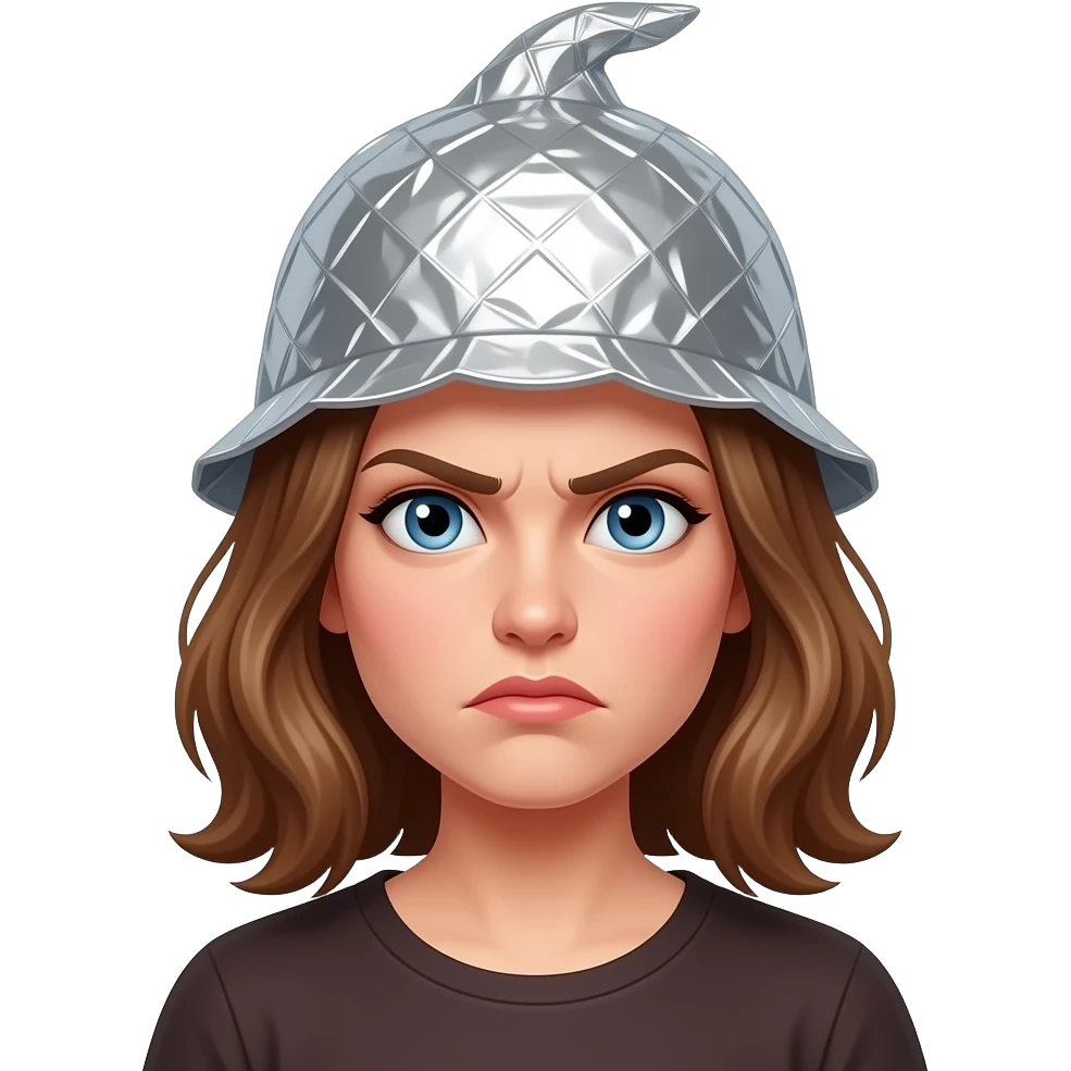 Female surly hair Emoji wearing a tin foil hat emoji
