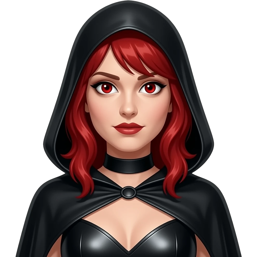 Sarah Blane from Horror Film Heroes and Villains with white and red eyes, medium red hair, black metallic caftan dress emoji