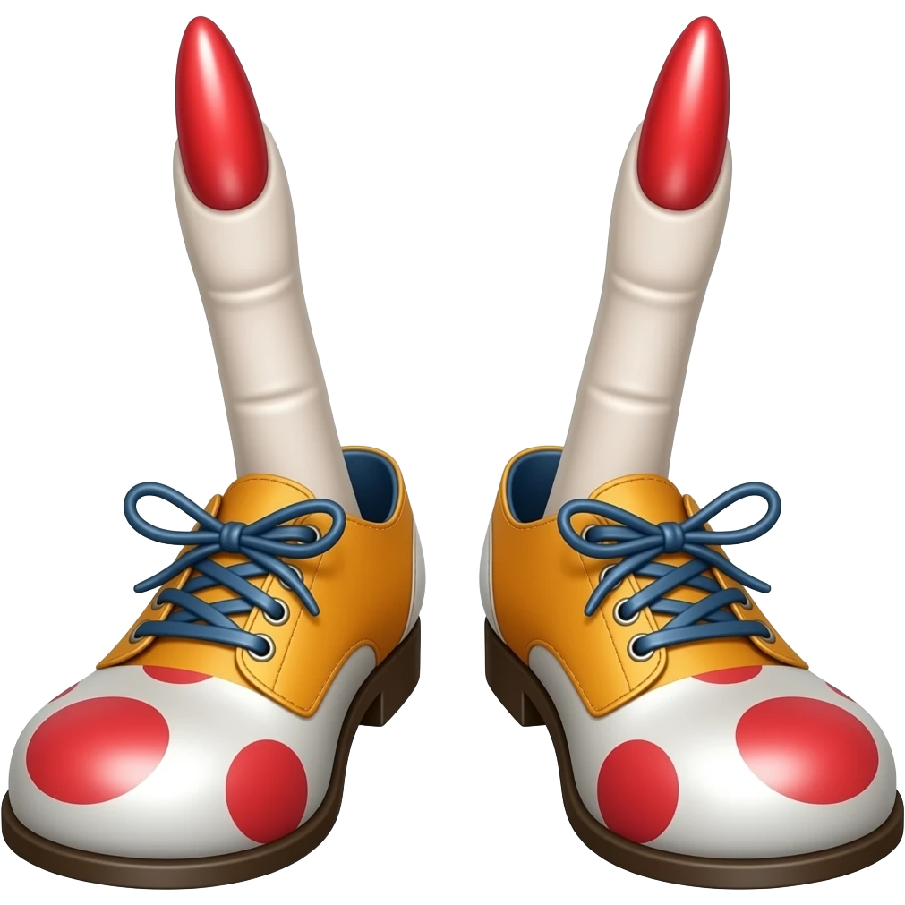 White toes with red long toenails stick out of the front of clown shoes emoji
