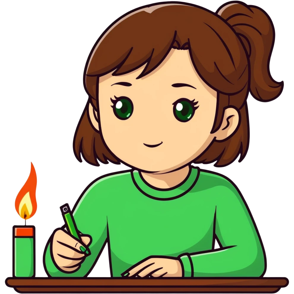 Very happy Girl with brown hair and green eyes with a table lighter  emoji