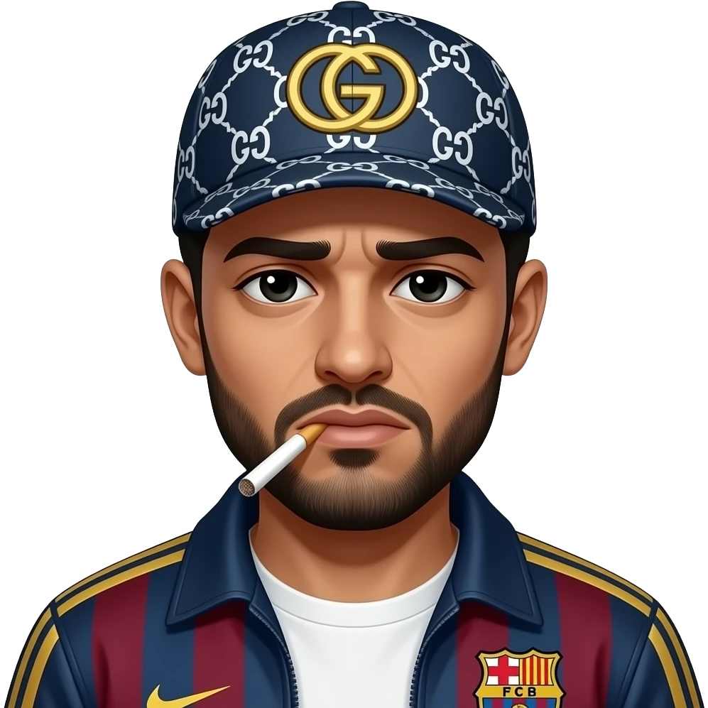 Arabe, avec joint de shit bien entamé dans la bouche, et les yeux noir très très  fatigués, veste Barca, casquette Gucci à motif blanche. Rend le dangereux et menaçant emoji