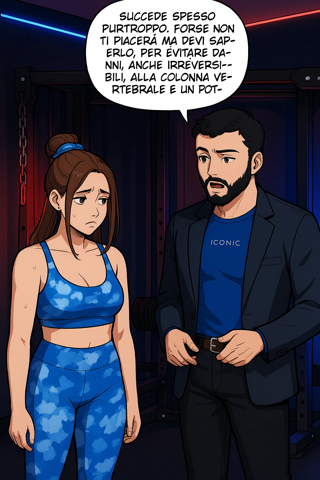 fai questa immagine in versione manga/webtoon a colori, il manga mostra l'uomo che risponde alla donne:
Succede spesso purtroppo. 
Forse non ti piacerà ma devi saperlo, per evitare danni, anche irreversibili, alla colonna vertebrale e un potenziale intervento chirurgico. emoji