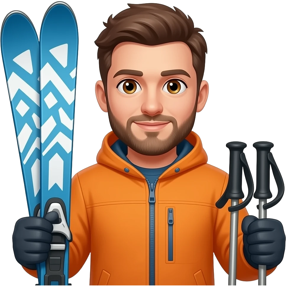 man holding blue and white patterned skis in one hand and poles in the other, no beard, no helment, hazel eyes, organge jacket, emoji