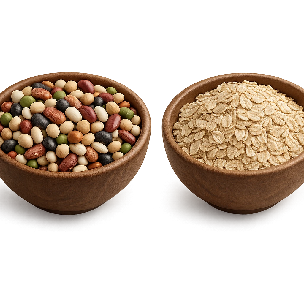 BOWL DI LEGUMI INSIEME A BOWL DI FIOCCHI DI AVENA POGGIATE,  iperrealistico 4k emoji